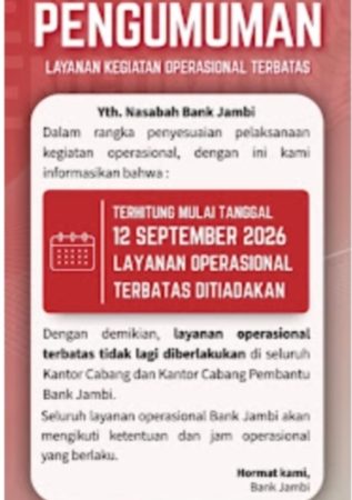Bank Jambi Tiadakan Layanan Operasional Terbatas, Jam Layanan Normal Kembali Berlaku 